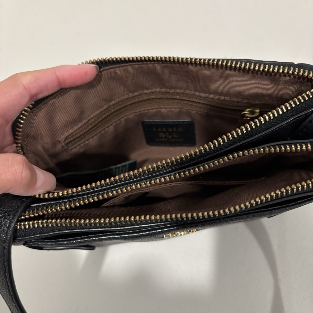 Lauren Ralph Lauren Black Pebbled Leather Crossbody Double Zipper Purse - Picture 8 of 10